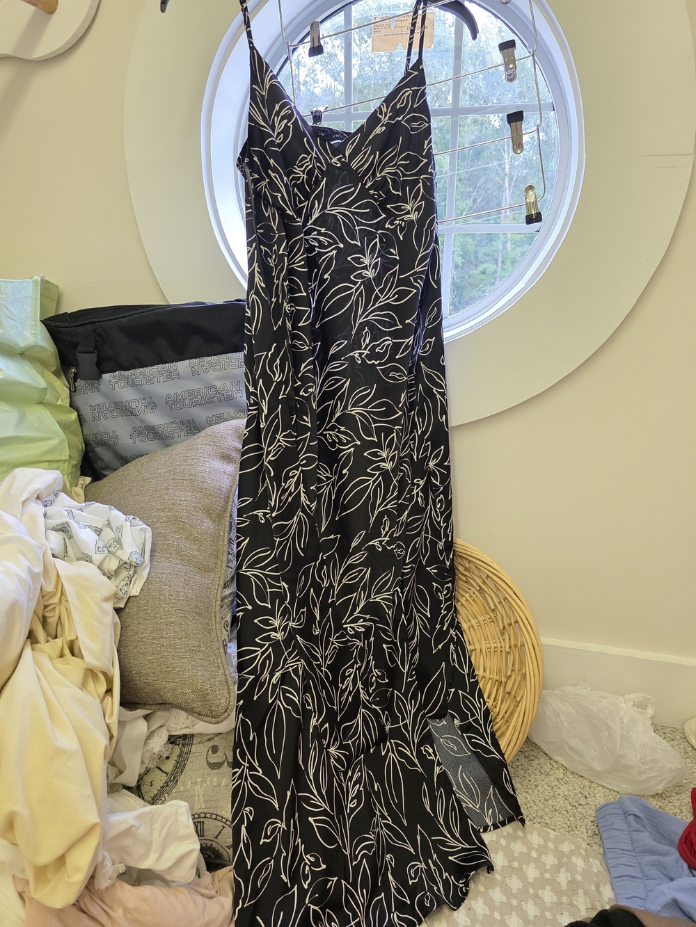 Blu Pepper Black Slip Dress with Cream Leaf Print